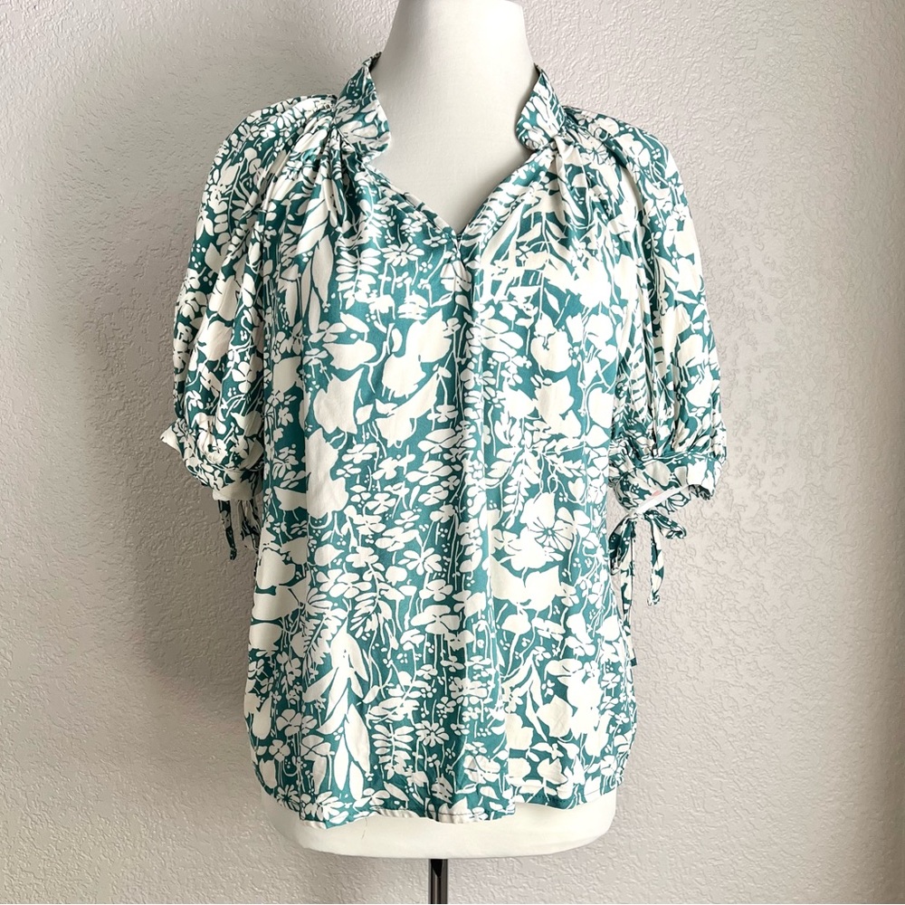 Cynthia Rowley Green White Floral Puff tie sleeves Casual Spring Blouse Tops S